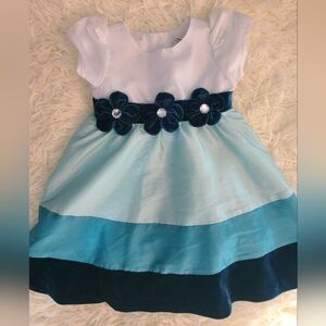 Rare Editions White, Light Teal & Teal Velvet Flower Belt Dress Size 24 Months